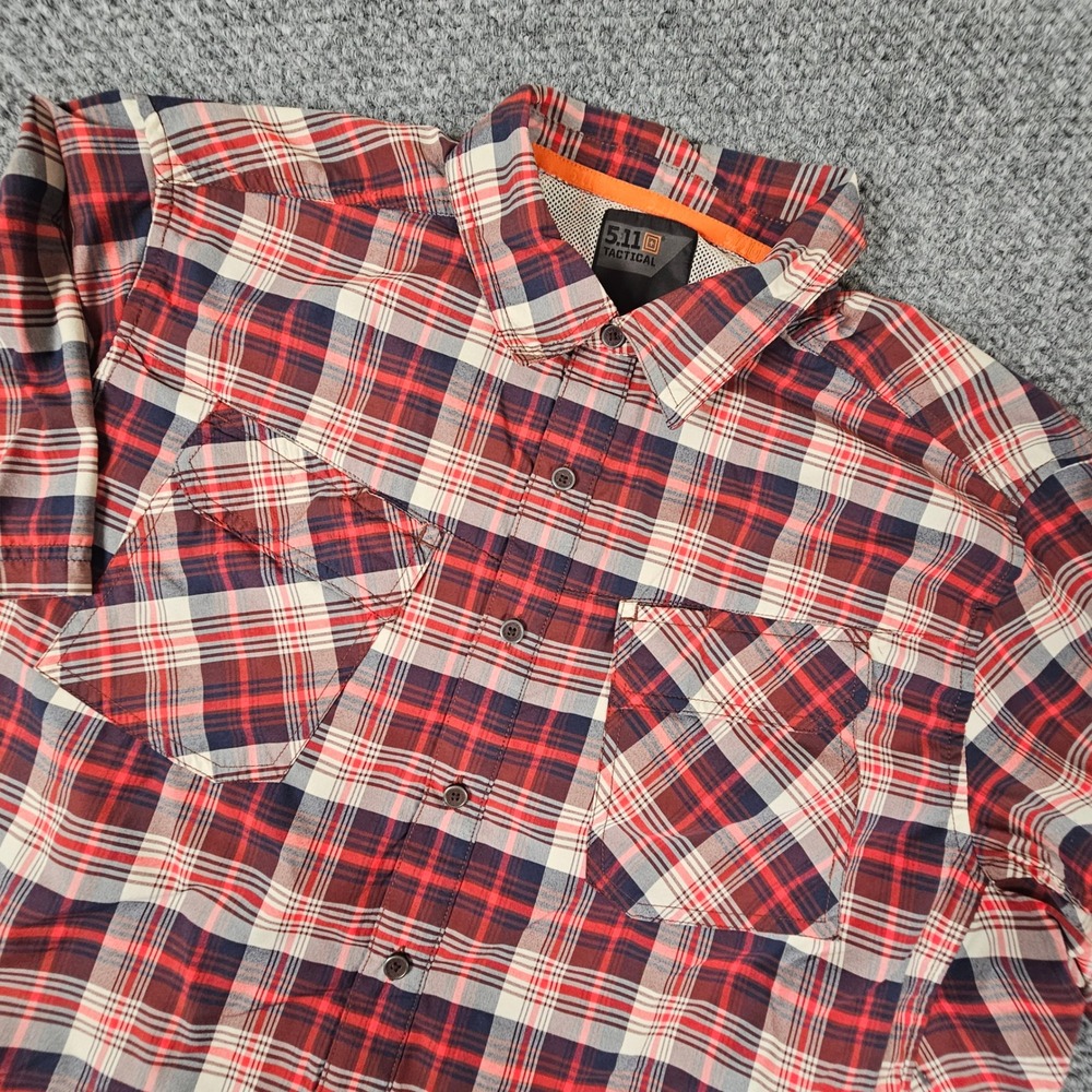 5.11 Tactical Mens Large Plaid Short Sleeve Button Up Shirt Red Blue Pockets